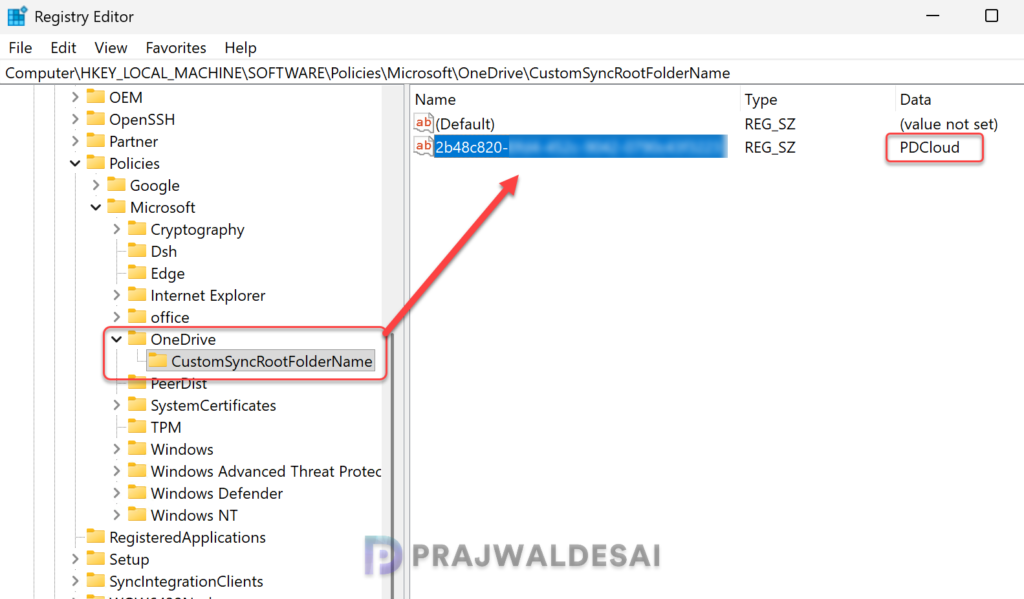 Verify CustomSyncRootFolderName for OneDrive via Registry