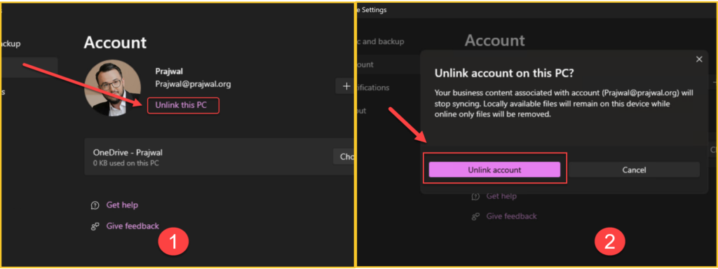 Unlink OneDrive Account on Windows PC