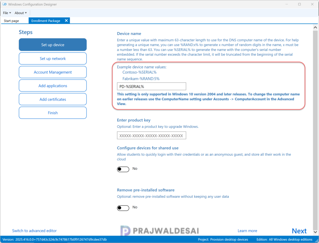 Configure device information for enrollment package