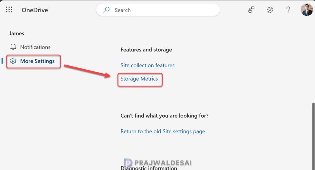 Check Storage Metrics for user via OneDrive Web