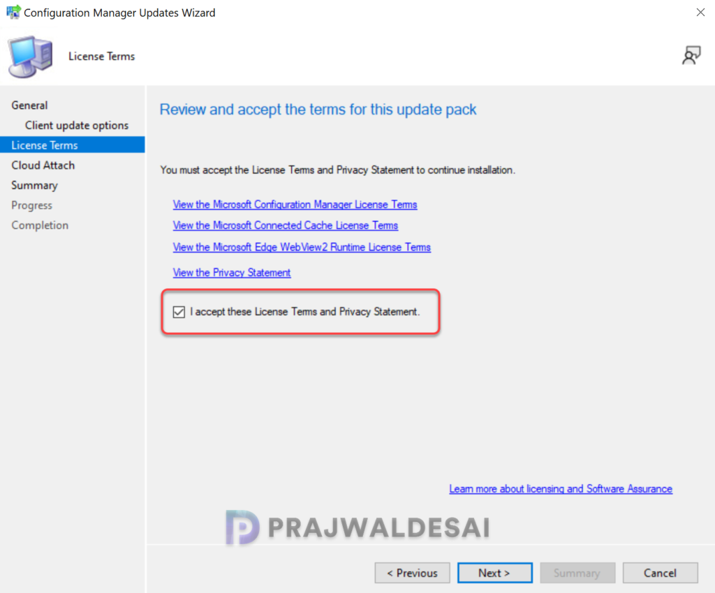 Accept Configuration Manager 2603 KB39398030 Hotfix license terms
