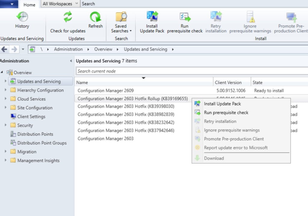 Install Configuration Manager 2603 Hotfix KB39169655