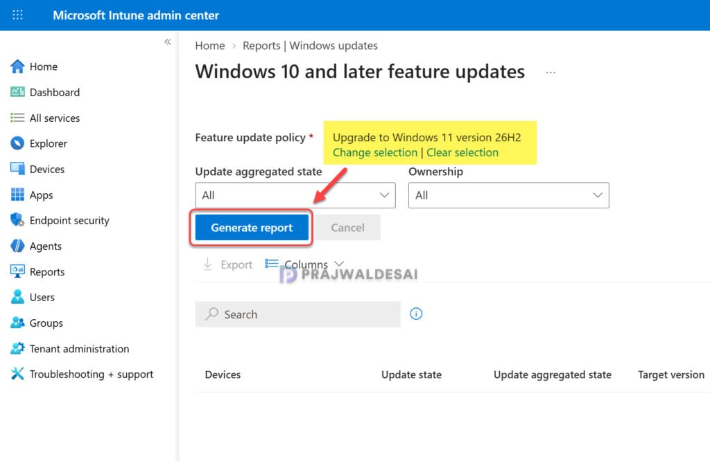 Export Windows Feature Update Report from Intune
