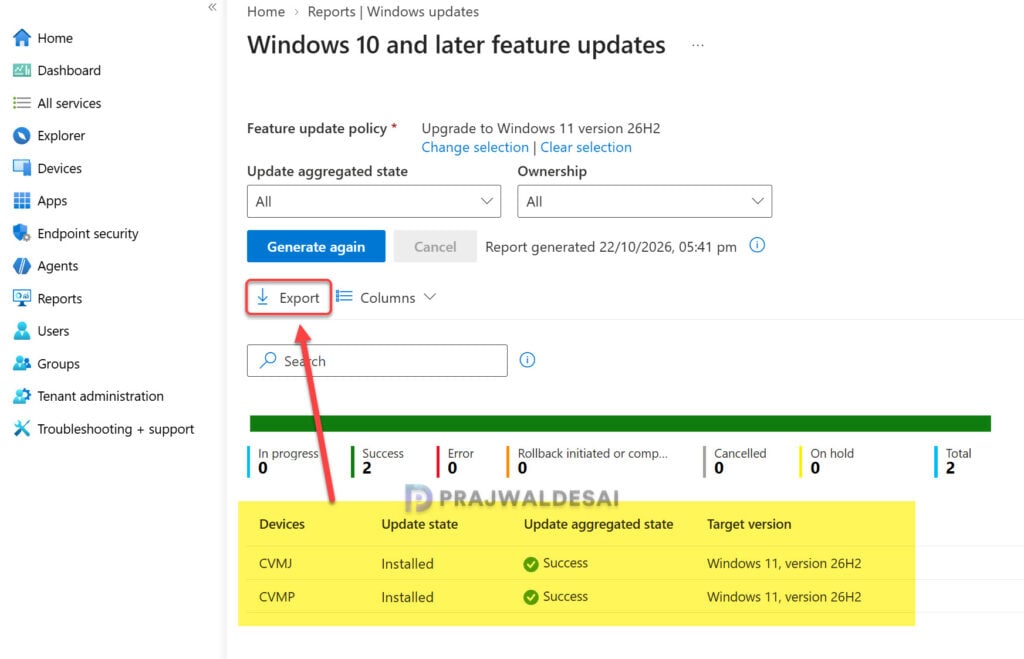 Export Windows Feature Update Report from Intune