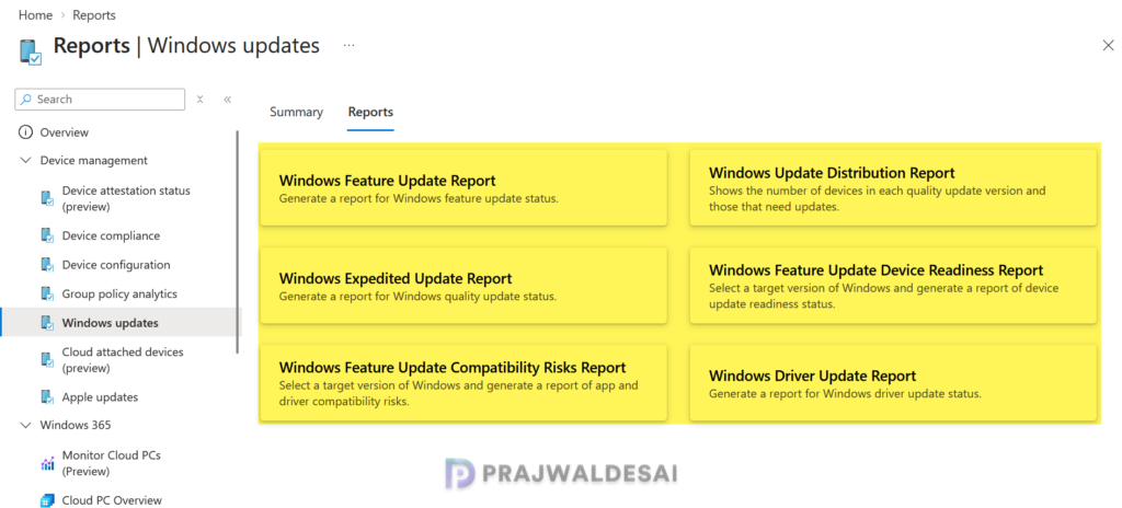 List of Reports for Windows Updates in Intune